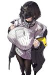  1girl alternate_breast_size_(larger) arknights arknights:_endfield black_hair black_jacket black_mask black_pantyhose blindfold_mask breasts closed_mouth commentary_request endministrator_(arknights) female_endministrator_(arknights) from_above highres jacket large_breasts long_sleeves mask pantyhose puzenketsu short_hair simple_background smile solo standing sweater thai_commentary undressing white_background white_sweater 