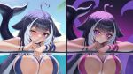  1girl ;) @_@ against_glass ahoge arkuaureus breast_press breasts breasts_on_glass cetacean_tail chest_tattoo cleavage closed_mouth commentary english_commentary eyebrows_hidden_by_hair finger_to_mouth fins fish_tail heart heart_ahoge highres indie_virtual_youtuber large_breasts long_hair long_sidelocks looking_at_viewer makeup multicolored_hair multiple_views one_eye_closed open_mouth orca_girl partially_underwater_shot pink_eyes purple_eyes purple_hair runny_makeup shushing shylily sidelocks smile streaked_hair swimming tail tattoo two-tone_hair upper_body white_hair 
