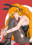  1girl animal_ear_hairband animal_ears armpits bandaid black_leotard card commentary_request fake_animal_ears gooddogdoggood grey_pantyhose hairband highres hugging_own_legs ishmael_(project_moon) knees_up leotard limbus_company long_hair looking_at_viewer orange_nails pantyhose playboy_bunny playing_card project_moon rabbit_ear_hairband rabbit_ears red_background simple_background sitting solo very_long_hair wrist_cuffs 