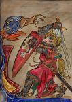  1girl anna_fra_nil armor belt blonde_hair blue_bow blush border bow brown_belt chainmail dog facing_animal fantasy fighting fighting_stance green_eyes hair_bow helmet highres holding holding_sword holding_weapon knight marker_(medium) medieval on_leaf open_mouth original ornate_border ponytail red_tunic scabbard sheath snail spurs swinging_weapon sword tongue tongue_out traditional_media tunic weapon 
