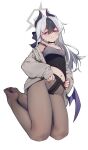  1girl black_choker black_dress black_hair black_horns black_pantyhose blue_archive bow breasts bright_pupils brown_cardigan cardigan choker clothes_lift commentary_request demon_horns dress dress_lift ear_piercing feet full_body grey_dress grey_halo hair_between_eyes hair_bow halo highres horns kayoko_(blue_archive) kayoko_(dress)_(blue_archive) long_hair looking_at_viewer midriff multicolored_hair navel official_alternate_costume open_cardigan open_clothes painterliuhao pantyhose piercing purple_wings red_eyes simple_background single_wing sitting small_breasts solo strap_slip studded_choker studs thighs two-tone_dress two-tone_hair white_hair white_pupils wings 