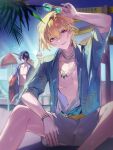  2boys absurdres alternate_costume aqua-tinted_eyewear arm_up aventurine_(honkai:_star_rail) aventurine_(waveflair)_(honkai:_star_rail) beach_umbrella blonde_hair commentary dr._ratio_(honkai:_star_rail) earrings feet_out_of_frame hair_between_eyes hair_ornament highres holding holding_removed_eyewear holding_swim_ring honkai:_star_rail honkai_(series) innertube jewelry looking_at_viewer male_focus male_swimwear multiple_boys neck_tattoo necklace night official_alternate_costume open_clothes open_shirt pink_eyes purple_hair railing red_eyes short_hair sign single_earring sitting standing swim_ring swim_trunks tattoo tinted_eyewear umbrella unworn_eyewear water white_male_swimwear yadayo57 