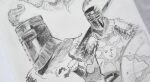  1boy absurdres belt belt_buckle bracer buckle commentary cropped_shoulders dark_souls_(series) dark_souls_i english_commentary fur_trim graphite_(medium) greyscale helm helmet highres holding holding_sword holding_weapon male_focus monochrome multiple_belts multiple_views over_shoulder plume shield sketch solaire_of_astora sword sword_over_shoulder tabard teacorvidae traditional_media weapon weapon_over_shoulder 