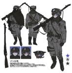  1boy bandaged_head bandages blood blood_on_clothes blood_on_face blue_eyes bolt_action chibi commentary_request full_body grey_jacket grey_pants gun hat highres holding holding_gun holding_weapon jacket long_sleeves looking_at_viewer male_focus military military_combat_uniform military_hat military_jacket military_uniform mosin-nagant multiple_views original pants reference_sheet rifle soldier solo v6svmerdsw weapon 