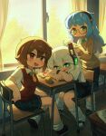  3girls absurdres aqua_eyes aqua_nails artist_name bare_arms bare_legs beads black-framed_eyewear black_hairband black_skirt blue_hair borrowed_character brown_hair candy_snail_(porforever) chair classroom commentary curtains dated desk digitan_(porforever) english_commentary fang glasses green_eyes hair_beads hair_between_eyes hair_ornament hairband hairdressing hand_on_own_knee highres indoors kuruna_(pixel_princess_blitz) light_blush lightning_bolt_symbol long_hair long_sleeves looking_at_viewer loose_socks multiple_girls nail_polish necktie original pixel_princess_blitz plaid_clothes plaid_skirt porforever red_eyes red_sweater_vest robot_ears school_chair school_desk school_uniform semi-rimless_eyewear shirt shoes short_hair short_necktie short_sleeves side_ponytail sitting skirt socks standing star-shaped_pupils star_(symbol) sweater sweater_vest symbol-shaped_pupils tail tile_floor tiles under-rim_eyewear watch white_hair white_shirt white_socks window wristwatch yellow_necktie yellow_sweater 