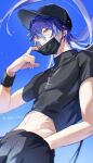  1boy amatou_umai black_hat black_mask black_pants black_shirt blue_hair closed_mouth commentary crop_top ear_piercing earrings flins_(genshin_impact) genshin_impact hair_between_eyes hat jewelry long_hair male_focus mask midriff mouth_mask multicolored_hair navel necklace open_clothes open_shirt pants piercing shirt solo untranslatable_commentary white_hair yellow_eyes 