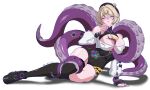  1girl absurdres asymmetrical_shorts bare_shoulders black_hat blonde_hair blush breasts closed_mouth commentary detached_sleeves full_body hat high-waist_shorts highres kei4 large_breasts leaning_to_the_side looking_at_viewer lying multicolored_hair on_side purple_eyes shirt short_hair shorts simple_background single_thighhigh smile solo tentacle_between_breasts tentacle_girl tentacle_tail tentacles thighhighs tongue tongue_out white_background white_shirt yidhari_murphy zenless_zone_zero 