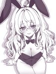  0di0niku_512 1girl :3 ahoge animal_ear_hairband animal_ears black_bow black_bowtie bow bowtie breasts check_commentary cleavage commentary_request detached_collar fake_animal_ears full_cleavage hair_intakes hairband highres large_breasts leotard lipstick long_hair looking_at_viewer low_neckline makeup mature_female mole mole_under_mouth monochrome nontraditional_playboy_bunny original playboy_bunny rabbit_ears shadow signature simple_background sitting smile solo white_background wrist_cuffs 