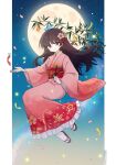  1girl bamboo_print branch brown_hair brown_sandals chinese_commentary closed_mouth commentary_request fafa floral_print floral_print_kimono frilled_kimono frills full_body full_moon highres holding holding_branch houraisan_kaguya japanese_clothes jeweled_branch_of_hourai kimono long_hair long_sleeves moon night obi obiage obidome obijime print_kimono red_eyes sandals sash smile socks solo tanzaku touhou very_long_hair white_socks wide_sleeves 