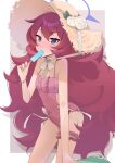  1girl absurdres blue_archive blue_halo chinstrap clothing_cutout commentary_request covered_navel flower fluffy_hair food food_in_mouth frilled_one-piece_swimsuit frilled_thigh_strap frills grey_eyes halo hat hat_flower highres holding holding_food holding_popsicle iroha_(blue_archive) iroha_(swimsuit)_(blue_archive) looking_at_viewer nya_(xduy2738) official_alternate_costume one-piece_swimsuit pink_one-piece_swimsuit popsicle popsicle_in_mouth purple_halo red_hair side_cutout solo straw_hat sun_hat swimsuit thigh_strap 