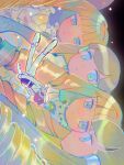  1boy 2girls blonde_hair blue_eyes blunt_bangs closed_mouth commentary dark_skin dianna_soreil dress drill_hair expressionless floating frills gundam helmet highres holding holding_unworn_helmet kihel_heim long_hair looking_at_another loran_cehack mecha_pilot_suit mokenochi multiple_girls normal_suit_(gundam) space space_helmet spacesuit turn_a_gundam twin_drills unworn_headwear unworn_helmet white_hair zero_gravity 