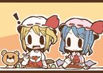  2girls :d adomi bat_wings blonde_hair blue_hair comic fang flandre_scarlet food fork hat hat_ribbon letterboxed millipen_(medium) multiple_girls open_mouth remilia_scarlet ribbon siblings side_ponytail silent_comic sisters smile stuffed_animal stuffed_toy teddy_bear touhou traditional_media wings 