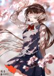  1girl absurdres asu_(sinsekai) blazer blue_jacket blue_skirt bow bowtie brown_hair cherry_blossoms collared_shirt commentary_request earrings flipped_hair green_eyes highres jacket jewelry kamitsubaki_studio kuga_huna lapels large_earrings long_hair long_sleeves looking_up low_ponytail multicolored_hair nail_polish notched_lapels official_alternate_costume official_art one_eye_closed orange_nails pleated_skirt ponytail red_bow red_bowtie second-party_source shirt sidelocks sinsekai_record skirt solo streaked_hair striped_bow striped_bowtie striped_clothes two-sided_fabric two-sided_skirt white_hair white_shirt white_streaks wing_collar 