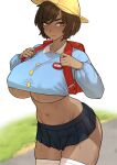  1girl bag blue_shirt blue_skirt breasts brown_eyes brown_hair bursting_ass dark-skinned_female dark_skin earrings hat highres huge_breasts jewelry kindergarten_bag kindergarten_uniform limbus_company long_sleeves looking_at_viewer mature_eyes miniskirt name_tag navel outis_(project_moon) pleated_skirt plump project_moon road school_hat shirt short_hair skirt smock solo sweat thick_thighs thighhighs thighs tight_clothes tulip_hat underboob undersized_clothes waste22 white_background white_thighhighs yellow_hat 