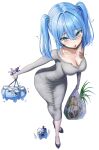  1girl absurdres arahashi_tabi bag black_mask black_shoes blue_eyes blue_hair breasts chest_tattoo collarbone dongtan_dress dress eruthu grey_dress hair_between_eyes heart highres holding holding_bag jewelry leaning_forward mask motion_lines necklace plastic_bag pungdangi_(arahashi_tabi) shadow shoes solo stellive tattoo tongue twintails white_background 