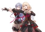  2girls bang_dream! bang_dream!_it's_mygo!!!!! bare_shoulders black_corset black_dress black_gloves black_ribbon blonde_hair blue_hair brown_corset chinese_commentary closed_mouth commentary_request corset doloris_(bang_dream!) dress earrings flower_stand_art gloves hair_between_eyes hair_ribbon highres jewelry long_hair medium_hair misumi_uika multiple_girls muonrei00 oblivionis_(bang_dream!) purple_eyes red_shirt ribbon shirt sidelocks sitting togawa_sakiko yellow_eyes 