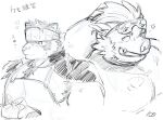  2boys :d ainu_clothes animal_ears apron bara boar_boy boar_ears chest_tuft commentary_request eyewear_on_head furry furry_male gakuran ganglie_(housamo) greyscale happy_aura harada_(basashi) headband horkeu_kamui large_pectorals male_focus monochrome multiple_boys muscular muscular_male nipple_slip nipples pectorals plump school_uniform short_hair sketch smile sparkle sparse_stubble sunglasses tokyo_afterschool_summoners tusks two-tone_fur wolf_boy wolf_ears 