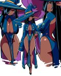  1girl black_hair black_shoes borrowed_character breasts center_opening closed_eyes commentary dark-skinned_female dark_elf dark_skin elf english_commentary hair_over_one_eye hat highres large_breasts long_hair long_pointy_ears long_sleeves mole mole_under_eye multiple_views no_panties one_eye_covered original pelvic_curtain pointy_ears reddymarts shoes simple_background smile very_long_ears very_long_hair white_background wide_sleeves witch_hat 