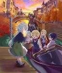  1boy basket black_eyes black_hair blonde_hair blue_eyes blush character_request cloud commentary_request dress evening full_body gradient_sky green_eyes grey_hair hair_between_eyes hair_ornament hairband highres holding holding_basket isekai_wa_smartphone_to_tomo_ni. lamppost long_hair long_sleeves looking_at_another looking_at_viewer lucia_rea_regulus mochizuki_touya multiple_girls open_mouth outdoors princess short_hair sky smile town usatsuka_eiji very_long_hair water yumina_elnea_belfast 
