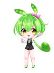  1girl :3 :d absurdres bare_shoulders black_shorts black_vest blush_stickers bow buttons chibi chibi_only collared_shirt double-parted_bangs edomura_niniko full_body green_hair green_shoes hair_between_eyes hair_bow hand_up highres long_hair looking_at_viewer low_ponytail official_art open_mouth orange_eyes outstretched_arm pink_bow ponytail rabbit_tail shirt shoes shorts simple_background sleeveless sleeveless_shirt smile solo standing tail transparent_background vest voicevox white_shirt wrist_cuffs zundamon 
