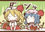  adomi blonde_hair blue_hair comic flandre_scarlet food fork hat hat_ribbon letterboxed millipen_(medium) mob_cap multiple_girls open_mouth remilia_scarlet ribbon siblings side_ponytail sisters spilling touhou traditional_media wavy_mouth wings 