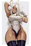  1girl abs aelion_draws animal_ears arm_behind_head arm_up armpit_crease artist_name ass_visible_through_thighs bare_shoulders blush boku_no_hero_academia border breasts commentary covered_abs covered_navel covered_nipples crescent_print dark-skinned_female dark_skin fur_collar gloves grey_background grin hair_between_eyes hand_up heart highleg highleg_leotard highres large_breasts leotard long_eyelashes long_hair looking_at_viewer mirko parted_bangs purple_thighhighs rabbit_ears rabbit_girl red_eyes smile solo taut_leotard thick_thighs thigh_gap thighhighs thighs toned toned_female v very_long_hair white_border white_gloves white_hair white_leotard 