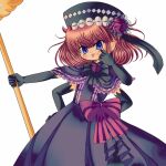  1girl akanbe black_bow black_gloves black_hat blunt_bangs blush bow capelet dress_bow elbow_gloves eva_beatrice extra_arms eyelid_pull flower frilled_capelet frills gloves hands_on_own_hips hat hat_flower highres holding holding_staff looking_at_viewer nekotorine orange_hair pointy_ears purple_capelet purple_eyes red_bow red_flower red_rose rose ryukishi07_(style) solo staff tongue tongue_out umineko_no_naku_koro_ni white_background 