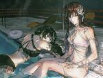  2girls aketa_mikoto belly_chain bikini black_bikini chair highres idolmaster idolmaster_shiny_colors ikaruga_luca innertube jewelry looking_at_another looking_at_viewer lounge_chair multiple_girls night painterly pool poolside seasonata soaking_feet swim_ring swimsuit water white_bikini 