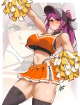  1girl absurdres airisubaka arm_up armpit_crease artist_name bare_arms bare_shoulders baseball_cap black_panties black_sports_bra black_thighhighs blush breasts commentary covered_underboob cowboy_shot crop_top cross-laced_clothes cross-laced_skirt cross-laced_slit different_zoom_layer english_commentary frown hat highleg highleg_panties highres holding holding_pom_poms large_breasts leah_(airisubaka) light_smile long_hair midriff miniskirt navel orange_eyes orange_shirt orange_skirt original outstretched_arm panties pleated_skirt pom_pom_(cheerleading) ponytail purple_hair shaded_face shirt side_slit signature simple_background skirt solo sports_bra thighhighs underwear v-shaped_eyebrows zoom_layer 