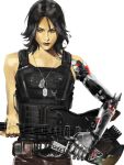  1girl black_hair bulletproof_vest cyberpunk cyberpunk_(series) cyberpunk_2077 cyborg dog_tags electric_guitar genderswap genderswap_(mtf) guitar highres holding holding_guitar holding_instrument instrument jewelry johnny_silverhand looking_at_viewer mechanical_arms multiple_rings ring seli1 single_mechanical_arm solo white_background 