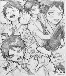  1boy :/ absurdres ahoge arm_up belt blush breast_pocket character_name collared_shirt commentary_request danganronpa_(series) danganronpa_2:_goodbye_despair dated graphite_(medium) greyscale hair_between_eyes highres hinata_hajime looking_down looking_to_the_side mochipankun monochrome multiple_views open_mouth pants pocket pointing pointing_at_viewer sanpaku shirt shirt_tucked_in short_hair short_sleeves sideways_glance sitting sketch smile smug speech_bubble traditional_media translation_request v-shaped_eyebrows very_short_hair wing_collar 