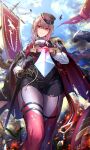  1girl absurdres aiguillette banner battle_standard bird black_gloves black_hat black_jacket black_pants blue_sky braid breasts brown_hair building burning closed_mouth cloud cloudy_sky collared_shirt commentary_request day earrings epaulettes fire flag from_below furen_e_lustario furen_e_lustario_(9th_costume) garter_straps glaring gloves harukey hat high-waist_pants highres holding holding_sheath jacket jacket_on_shoulders jewelry large_breasts long_sleeves looking_at_viewer looking_down medium_breasts military_hat military_uniform necktie nijisanji outdoors pants pantyhose pointing_melee_weapon pointing_sword red_necktie red_sash red_thighhighs sash sheath shirt shoulder_sash single_earring skindentation sky smoke solo thigh_strap thighhighs torn_clothes torn_jacket torn_pants torn_thighhighs two-sided_fabric two-sided_jacket unsheathed virtual_youtuber war_banner war_flag white_shirt 