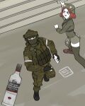  1boy 1girl absurdres alcohol armband attacking_viewer balaclava black_boots blush_stickers boots bottle brown_boots brown_shoes buhanka-chan camouflage camouflage_helmet camouflage_jacket camouflage_pants commentary english_commentary fingerless_gloves from_above gloves green_mask green_thighhighs helmet highres holding holding_bottle jacket load-bearing_equipment looking_at_viewer mask military military_combat_uniform military_uniform open_mouth original pants pelvic_curtain puto_trash red_eyes red_hair russian_ground_forces russo-ukrainian_war shoes soldier stairs thighhighs throwing tongue tongue_out v-shaped_eyebrows vodka white_armband z_(russian_symbol) 