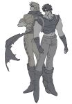  2boys absurdres adoptive_siblings back-to-back backpack bag belt blonde_hair blue_hair boots clenched_hands commentary_request crossed_arms dio_brando fingerless_gloves full_body gloves highres honnashi jojo_no_kimyou_na_bouken jonathan_joestar korean_commentary male_focus midriff midriff_peek multiple_boys muted_colors phantom_blood scarf shirt short_hair short_sleeves siblings simple_background torn_clothes torn_scarf white_background 