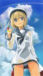  alternate_costume bad_id bad_pixiv_id blonde_hair blue_eyes candy chameleon_man_(three) cloud cloudy_sky condensation_trail day dress erica_hartmann food hat lollipop looking_at_viewer military military_uniform pork_pie_sailor_hat sailor_dress sailor_hat short_hair sky smile solo strike_witches uniform world_witches_series 