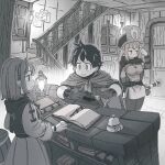  1boy 2girls ahoge arm_behind_back averting_eyes barrel belt belt_buckle blush book book_stack breasts bright_pupils buckle call_bell cape capelet carpet closed_mouth coin commentary cowboy_shot cropped_vest dress fantasy flask gloves greyscale hand_in_own_hair hand_on_table hand_up hands_up hat highres hip_flask holding holding_coin holding_staff hood hooded_vest hoodie indoors inn jun_(navigavi) lantern long_sleeves looking_at_another mage_staff medium_breasts medium_hair monochrome multiple_girls nib_pen_(object) nose open_book open_clothes open_mouth open_vest original pants pen pointing pointing_at_self potion railing scroll sheath sheathed shirt short_hair sleeve_bow slice_of_life staff stairs sword table tunic upper_body vest wall_lamp weapon window wooden_door wooden_floor wooden_railing wooden_wall wristband 