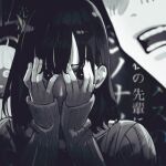  1boy 2girls ahoge blurry blurry_background blush bright_pupils closed_mouth commentary douki-kun_(douki-chan) ganbare_douki-chan greyscale hands_on_own_face highres jun_(navigavi) kouhai-chan_(douki-chan) long_sleeves looking_to_the_side medium_hair monochrome multiple_girls nose open_mouth parted_lips peeking_through_fingers portrait ribbed_sweater shaded_face shinjin-chan_(douki-chan) short_hair sleeves_past_wrists solo_focus sweater teeth text_background translation_request 