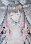  1girl bare_shoulders blue_hair blunt_bangs bow bowtie center-flap_bangs closed_eyes closed_mouth columbina_(genshin_impact) commentary convenient_hair detached_collar detached_sleeves eye_mask genshin_impact gradient_hair grey_bow grey_bowtie grey_hair hair_intakes hair_ornament hair_over_breasts hair_ribbon head_wings highres katsu_(24791909) light_smile long_hair low-tied_sidelocks mask multicolored_hair nude ribbon ribs sidelocks solo upper_body very_long_hair white_mask white_wings wings 