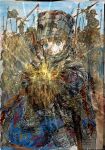  1girl 6+boys anna_fra_nil armor banner battle_standard blood blood_on_helmet blood_on_weapon blue_bow blue_cape blue_eyes blue_sky blunt_bangs bow braid brown_hair cape chainmail cheering christianity commentary_request crown great_helm grey_cape hair_bow hatching_(texture) highres holding holding_banner holding_polearm holding_weapon kneeling knight light_rays medieval military multiple_boys multiple_hair_bows orange_hair original polearm scabbard scar scar_on_face sheath sky soldier sword templar traditional_media twin_braids war_banner weapon 