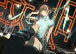  1girl aqua_eyes aqua_shirt asu_(sinsekai) black_leg_warmers black_skirt brown_hair chain-link_fence character_name city_lights cityscape commentary_request copyright_name dutch_angle fence foreshortening kamitsubaki_studio kuwana_(kuwanner_8) leg_warmers light_blush looking_at_viewer multicolored_hair nail_polish neon_lights night official_art orange_nails outdoors parted_lips second-party_source shirt sinsekai_record sitting skirt solo streaked_hair virtual_youtuber white_streaks 