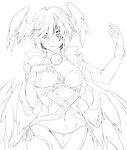  arm_up bare_shoulders breasts cleavage elbow_gloves gloves greyscale head_wings highres large_breasts lilith_(shinrabanshou) lineart looking_at_viewer midriff monochrome navel panties pointy_ears shinrabanshou sho-1 short_hair side-tie_panties solo underwear wings 