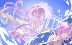  2girls blue_sky breasts chinese_commentary coat commentary_request cyrene_(demiurge)_(honkai:_star_rail) cyrene_(honkai:_star_rail) cyrene_(philia093)_(honkai:_star_rail) dress dual_persona highres honkai:_star_rail honkai_(series) jewelry large_breasts long_hair looking_at_viewer medium_hair multiple_girls necklace osman_(wumingshi90325) pink_hair purple_coat purple_eyes purple_hair sky small_breasts smile very_long_hair wheat white_dress 