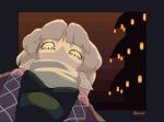  1girl blonde_hair breasts commentary covered_mouth downturned_eyes english_commentary from_below green_eyes lantern looking_at_viewer mizuhashi_parsee paper_lantern pixel_art pointy_ears scarf shirt small_breasts solo touhou upper_body vexkaf 