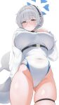 1girl absurdres blue_archive blue_halo blue_trim blunt_bangs blush breasts cetacean_tail commentary_request covered_navel fins fish_tail from_below glasses grey_eyes grey_hair grey_tail groin halo hand_on_own_chest hand_up headphones highres hood hood_down hooded_shrug hoodie kotone_(blue_archive) large_breasts long_sleeves looking_at_viewer mole mole_under_eye myjourney one-piece_swimsuit parted_lips round_eyewear shrug_(clothing) simple_background solo standing swimsuit tail thigh_strap thighs white_background white_hoodie white_one-piece_swimsuit 