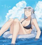  1girl ak-12_(girls'_frontline) armpits asakiri_koko bikini bird black_bikini blue_sky blunt_bangs braid breasts cleavage closed_eyes closed_mouth cloud commentary_request day eyewear_on_head floating girls'_frontline grey_hair half_up_braid highres innertube large_breasts light_smile long_hair long_sidelocks ocean on_innertube outdoors sidelocks sky soaking_feet solo sunglasses swim_ring swimsuit wet white_bird 