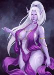  1girl annarae_(unluckyacorn) blank_eyes breasts cleavage colored_skin dress elf grey_hair high_ponytail highres large_breasts long_hair looking_at_viewer navel nightborne_(warcraft) pointy_ears ponytail purple_dress purple_skin revealing_clothes shchrit solo warcraft world_of_warcraft 
