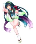  1girl :d absurdres ahoge blunt_bangs brown_sandals clenched_hand edomura_niniko full_body gradient_clothes gradient_kimono green_hair green_hairband green_kimono hairband highres japanese_clothes kimono leg_up long_hair obi official_art okobo open_mouth outstretched_arm platform_sandals pointing purple_sash sandals sash short_kimono short_sleeves simple_background smile socks solo standing standing_on_one_leg tabi touhoku_zunko transparent_background two-tone_kimono v-shaped_eyebrows very_long_hair voiceroid white_kimono white_socks 