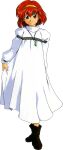  1girl black_shoes dress fire_emblem fire_emblem:_mystery_of_the_emblem full_body hairband highres jewelry koya_katsuyoshi looking_at_viewer maria_(fire_emblem:_shadow_dragon) medium_hair official_art pendant red_eyes red_hair shoes smile solo transparent_background white_dress yellow_hairband 