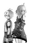  1boy 1girl absurdres aged_down antenna_hair arms_behind_back back-to-back bare_shoulders closed_mouth coat commentary_request cowboy_shot cyrene_(honkai:_star_rail) cyrene_(philia093)_(honkai:_star_rail) from_behind from_side greyscale hair_between_eyes highres honkai:_star_rail honkai_(series) looking_at_viewer looking_back medium_hair monochrome mutsu_6256 off-shoulder_coat off_shoulder own_hands_together parted_lips phainon_(a_dream_scented_in_wheat)_(honkai:_star_rail) phainon_(honkai:_star_rail) second-party_source shirt short_hair simple_background smile taller_female_shorter_male white_background 