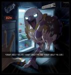  artist_name beak bird black_border blank_eyes border commentary drink_carton english_commentary english_text espathra glowing glowing_eyes highres indoors looking_at_viewer milk_carton night open_mouth outside_border pokemon pokemon_(creature) pov ram_tavern refrigerator solo sound_effects talons 